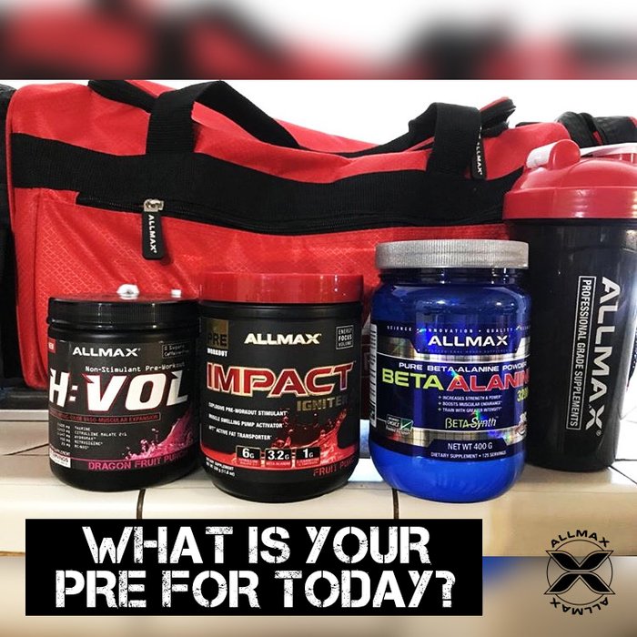 ALLMAX's tweet photo. What #PRE helps to #energize & push you through your #workouts?
#IMPACTIgniter is our newest #preworkout to prime you mentally & physically to perform at your highest level.
#BetaAlanine helps you to train harder, longer & stronger!
#HVOL is our #caffeinefree pre-workout. https://t.co/sZkSmVsaLK