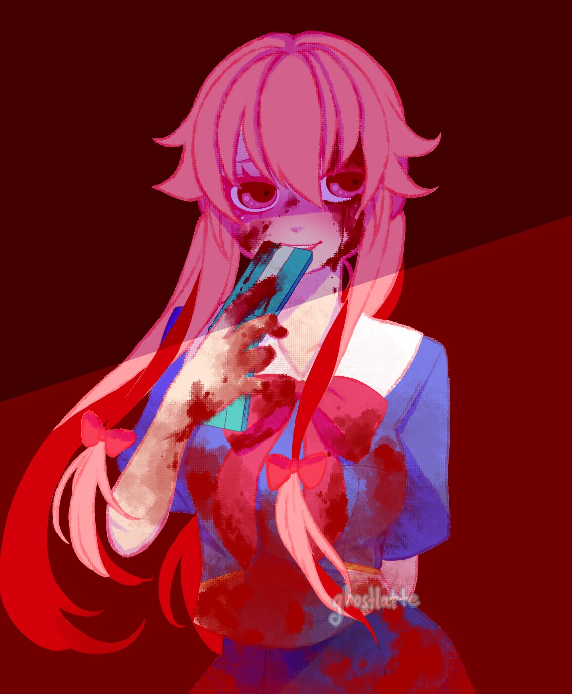 Mirai nikki, anime, girl, kawaii, cute, yuno gasai, pink hair, blood,  yukiteru amono, boy