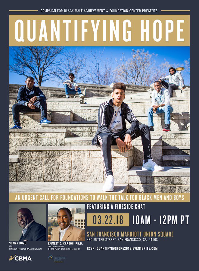BMAfunders's tweet photo. Join @DoveSoars @emmettcarson on 3/22 for a discussion about elevating philanthropic commitment and action to support Black men and boys. Register for this free event: https://t.co/KpJQRPgBn9 #QuantifyingHope @BMAchievement @siliconvalleycf https://t.co/FoqQ72mIUH