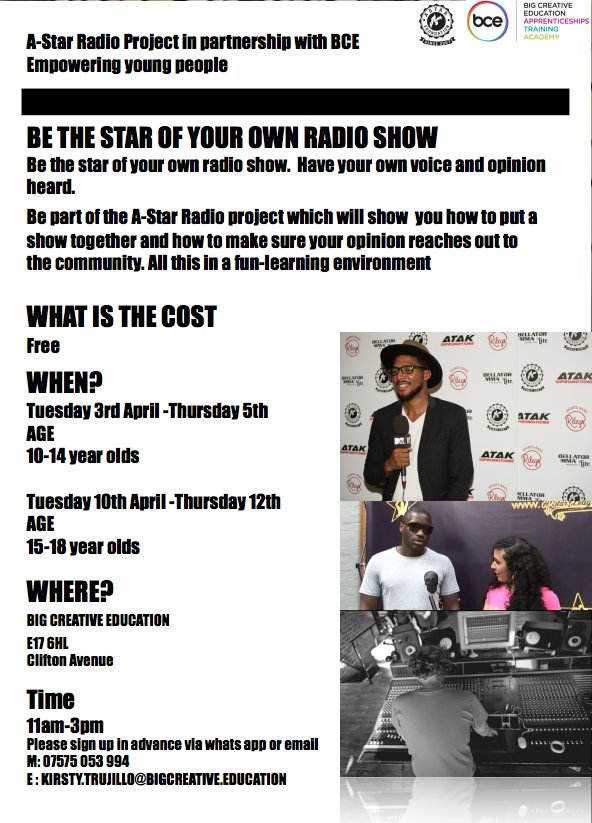 Aged 10-18 &amp; want to learn how to create or be the star of your own radio show? 

We're excited to be working with <a href="/OfficialAStarHQ/">A-Star Foundation</a>  on the A-Star radio project over the Easter Holidays. 

Register your place by text/Whatsapp to 07575053994 with your name, age and contact number.
