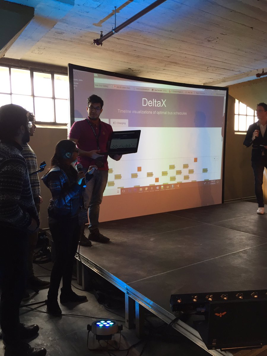 MLHacks's tweet photo. Next up at #hex2018 is team DeltaX that build a realtime visualisation tool for bus schedules https://t.co/1XoWFsT5M8