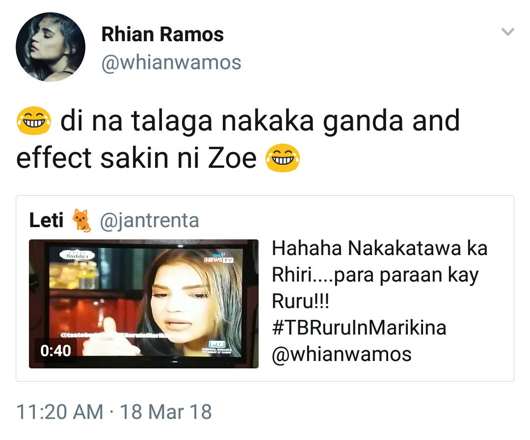 [TRANS] Fan: Hahaha you're so funny Rhiri. You making your moves on Ruru!!!
Rhian: 😂 Zoe's effect on me is not making me look good 😂
x.com/whianwamos/sta…