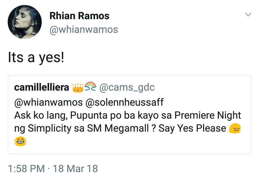 [TRANS] Fan: I just want to ask if you're gonna attend the premiere night for Simplicity at SM Megamall. Say yes please 😔😂
Rhi: It's a yes