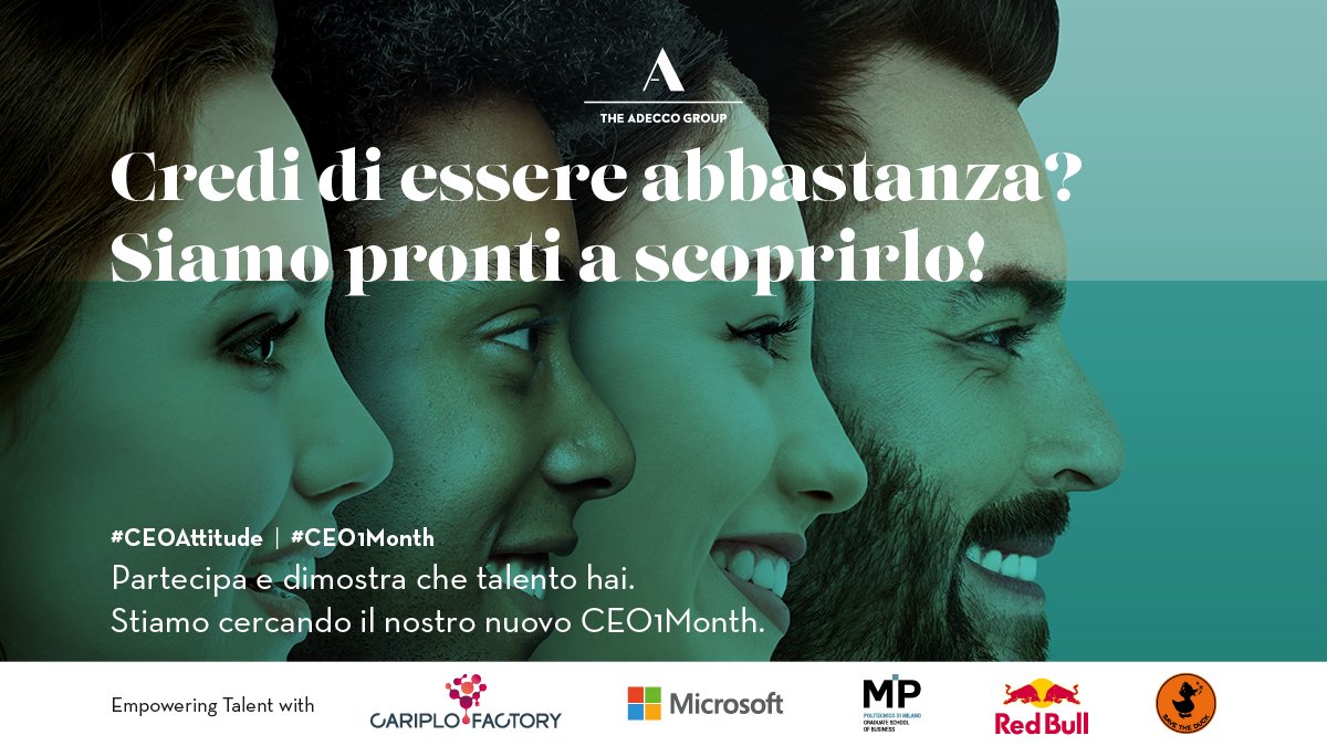 Anche quest'anno The Adecco Group propone ai giovani talenti l'opportunità di mettersi alla prova e di diventare il loro #CEO1Month!

Lo scorso anno sono stato ammesso al Bootcamp finale presso l'HQ di Adecco, su oltre 11.300 candidature! --> lnkd.in/gDCZ-mQ

Good luck!