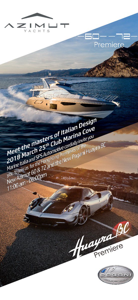 AzimutYachtsHK's tweet photo. Here we are!
#Azimut60 and #Azimut72 are both ready to meet you in the up and coming premiere event at #ClubMarinaCove.
The all new @OfficialPagani #HyayraBC will be joining us too.
See you there - Meet the #Masters of Italian Design.
@AzimutYachtsHK #ItalianDesign #Italy https://t.co/YnnMnZcvqN