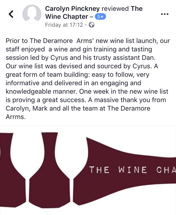 WineChapter's tweet image. We had a great time working with Mark, Carolyn and their team at @TheDeramoreArms to create their new wine and gin menus and train the staff in wine service. Thank you Carolyn for the lovely feedback, and we’re glad to see the new list going so well! #wineconsultancy #winelist