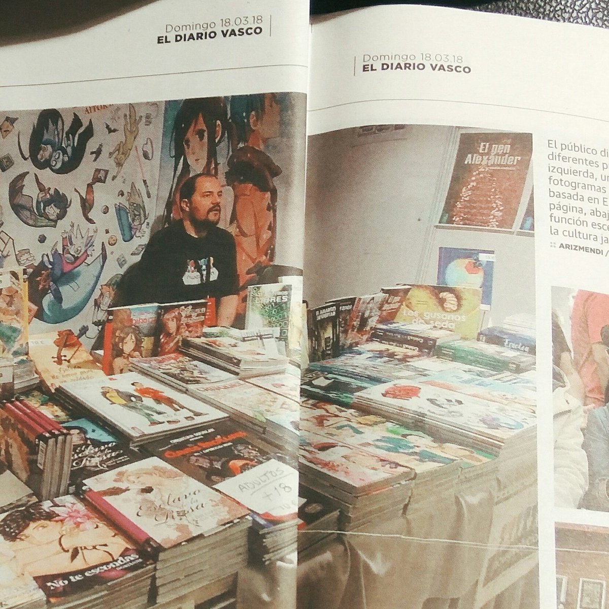 nowevolution's tweet photo. Tercer día en @comikd en #Donostia y como vemos a nuestro editor cansado, pero con nuevos lectores de todo nuestro fondo, nuevos amigos vascos que se #nowenizan y así nos sacan hoy en el @diariovasco edición dominical #nowevolution #artnowe #comikd2018 https://t.co/9P6WLPYW3Q https://t.co/VYtO0ji02m