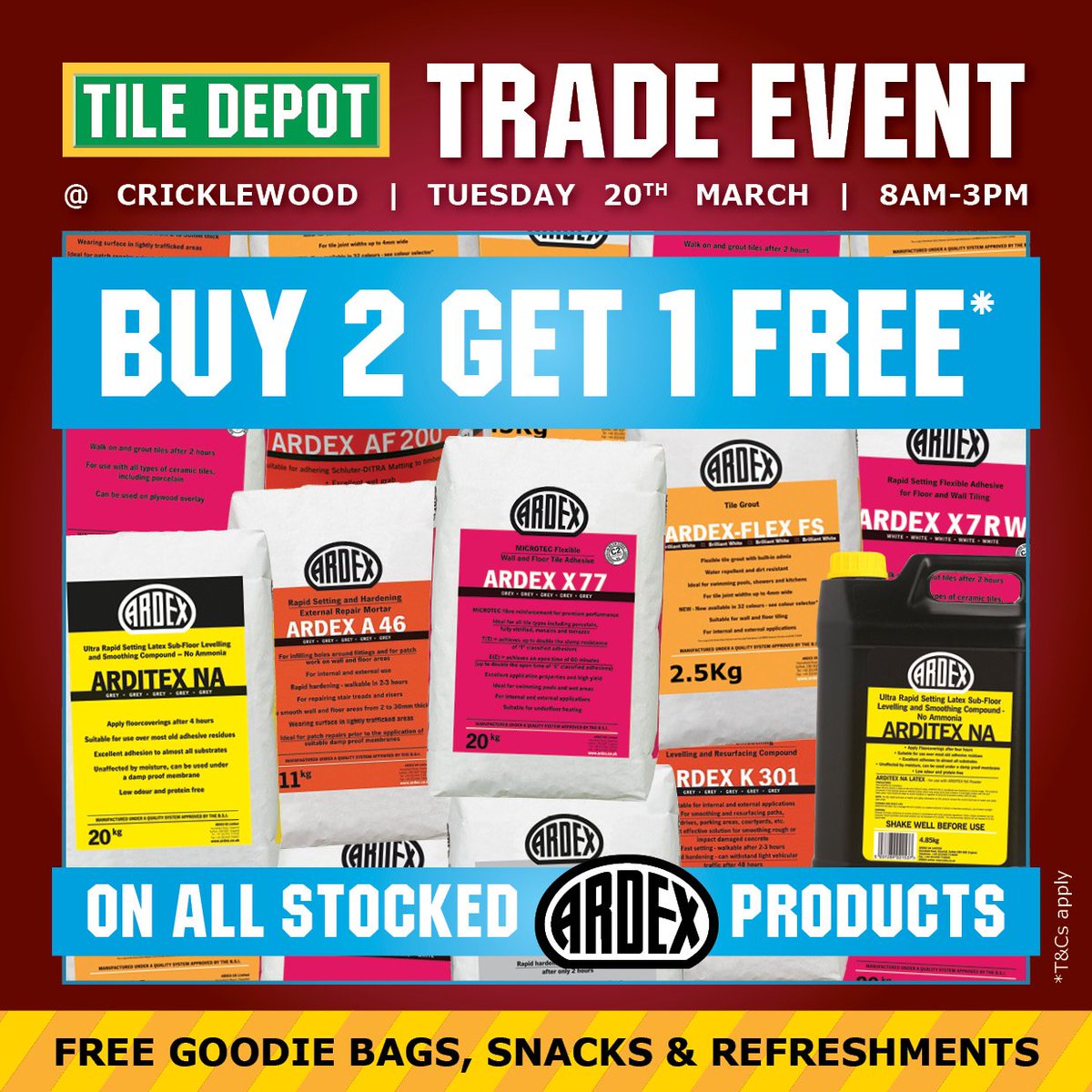 TheTileDepot's tweet photo. TRADERS! See you at our Tile Depot store in #CRICKLEWOOD For our @ARDEXUK TRADE EVENT

👷  BUY 2 GET 1 FREE* ON ALL STOCKED ARDEX PRODUCTS

Do not miss out on this amazing event! https://t.co/IjFIyfzZkj