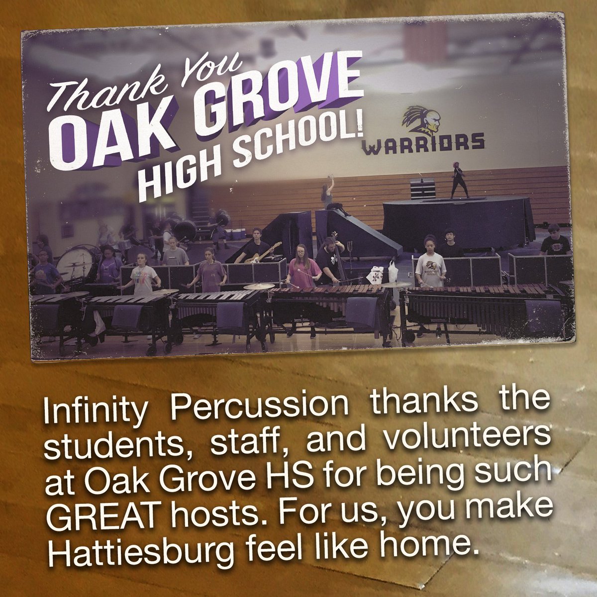 InfinityPerc's tweet image. Infinity Percussion thanks the students, staff, and volunteers at Oak Grove High School (Hattiesburg, Mississippi) for being such GREAT hosts. For us, you make Hattiesburg feel like home. Thank you! 💜

#INFINITY2k18 #WGI2018 #WGIPercussion