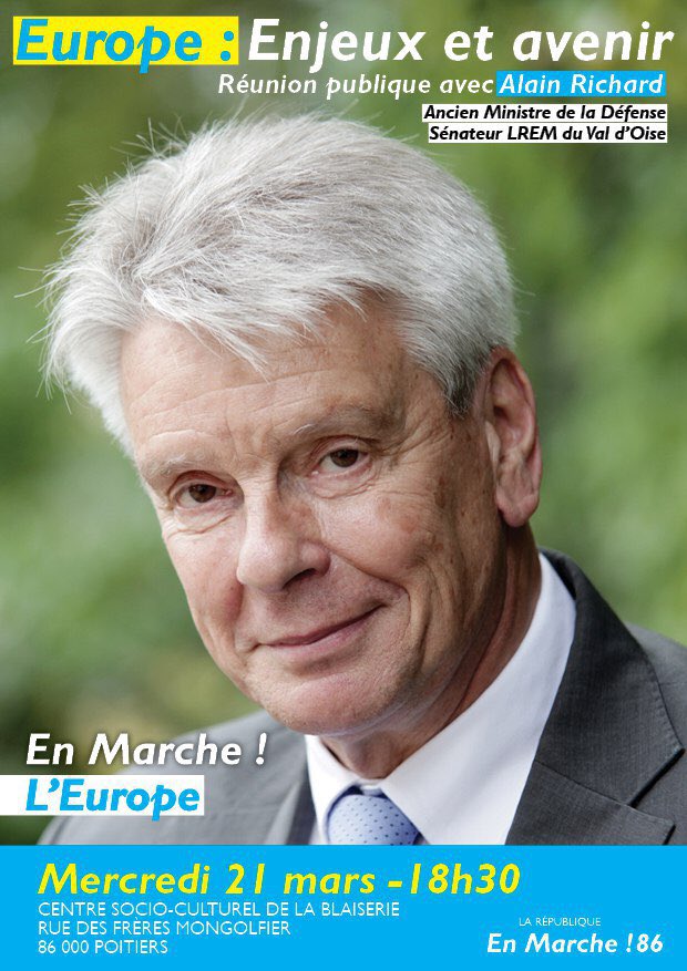 Tractage à Poitiers de l’invitation à la réunion publique “Europe : enjeux et avenir” animée par Alain Richard, ancien ministre de la Défense et sénateur #LREM du Val d’Oise.

Mercredi 21/03 à 18h30
Centre Socio-Culturel de la Blaiserie
Rue des Frères Montgolfier
86000 Poitiers