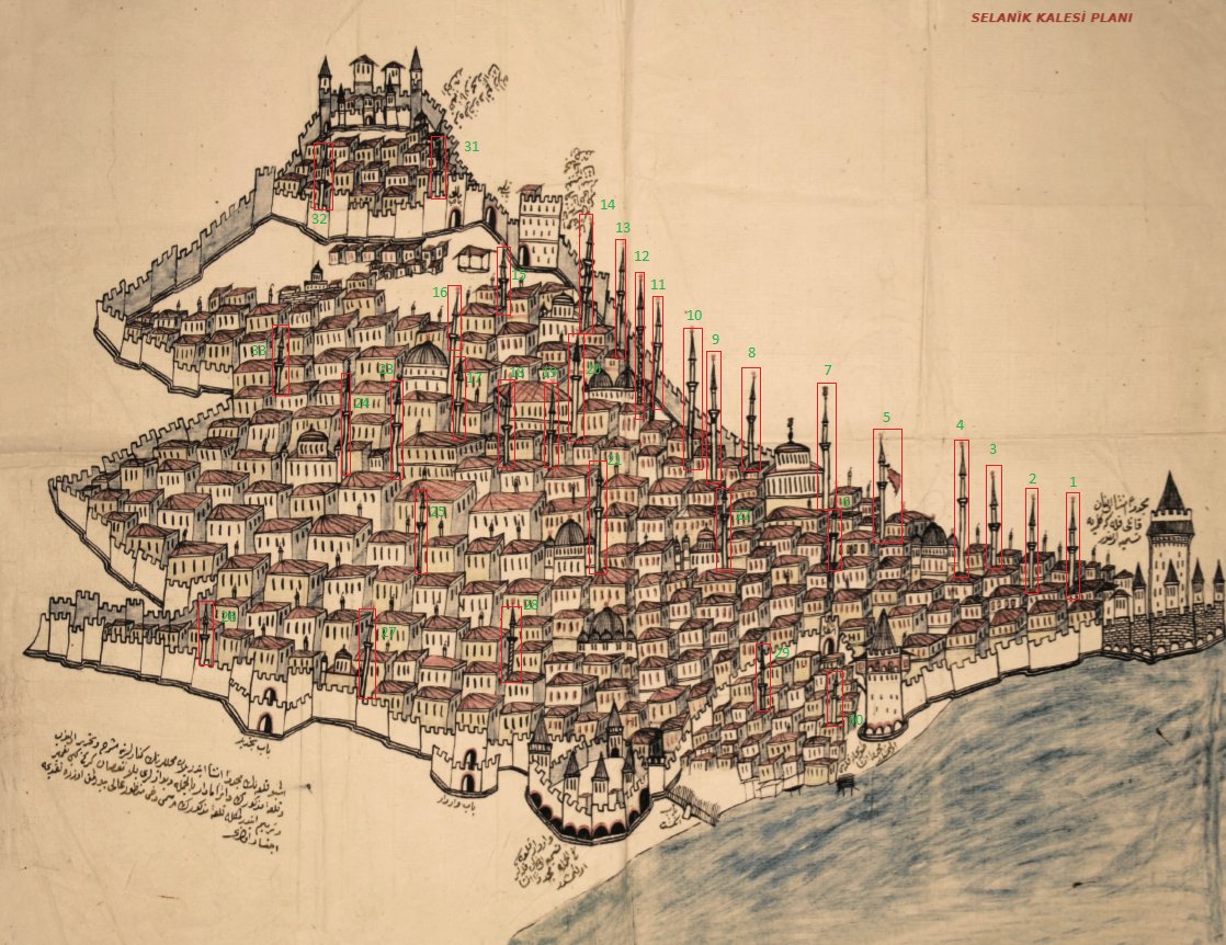 tevarihiselanik's tweet photo. Çizimde toplamda 33 cami minaresi tespit ettim.Bunlardan bazılarının bilinen özellikleri,örneğin iki şerefeli veya baklava motifli olması hangi camiye ait olduklarını kolayca tespiti mümkün kılıyor.Bazı camileri ise konumları ve yapılarının şekli baz alınarak saptamak kabil oldu. https://t.co/YfY9EiuNMS