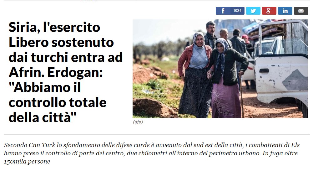 DinamoPress's tweet photo. C'è un giornale che racconta un genocidio come fosse una liberazione e che riporta le dichiarazioni di un criminale di guerra come si trattasse di un normale Primo Ministro. @repubblica vergogna, non ci sono parole per descrivere questo schifo! #StopAfrinGenocide https://t.co/xrzqCHq8Q8