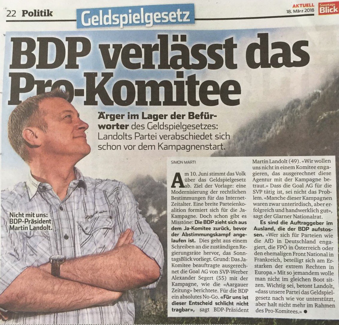 BDPSchweiz's tweet photo. Wir wollen nicht mit einer Werbeagentur zusammenarbeiten, welche Parteien wie die AfD, FPÖ oder den ehemaligen Front National unterstützt. Dies können wir nicht mit den Einstellungen und Werten der BDP vereinbaren. #abst18 #Geldspielgesetz @sonntags_blick https://t.co/up8PeX3zwF
