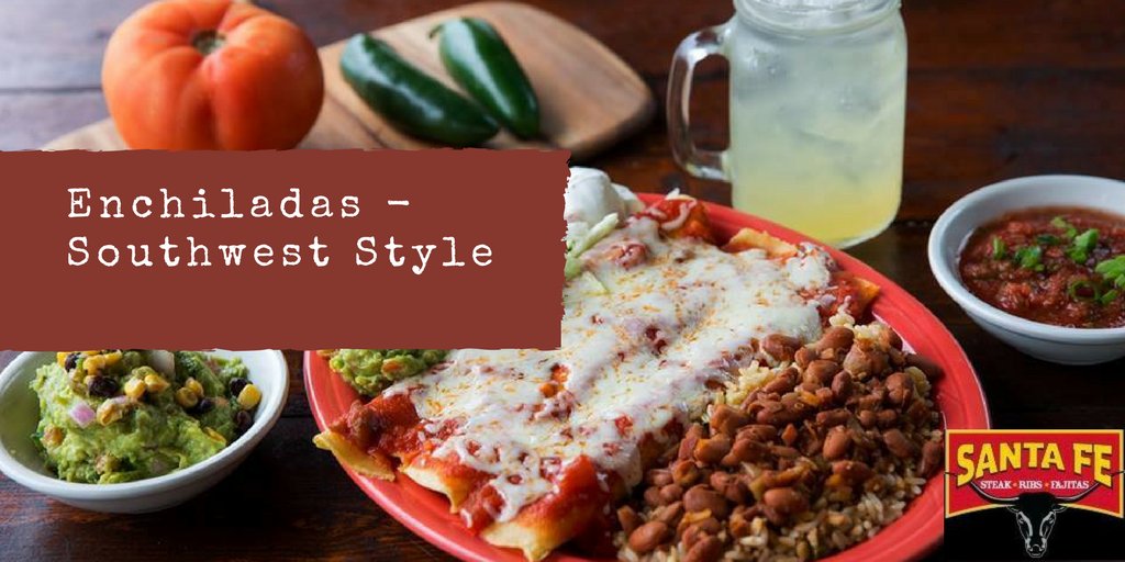 Try enchiladas Southwest style (which we think is the best style to be honest)!

Served with Santa Fe rice, beans, guacamole, salsa, and sour cream!