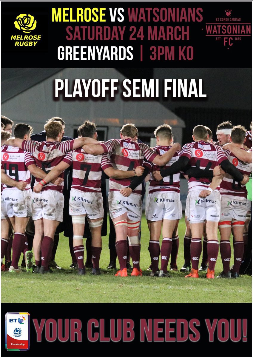 🚨 YOUR CLUB NEEDS YOU! 🚨

The 1XV take on <a href="/MelroseRugby/">Melrose Rugby</a> in the BT Premiership Playoff Semi Final on Saturday 24th March! 

It would be great to see as many WFC supporters make the trip down to the Greenyards!

#oneclub #sonians #together