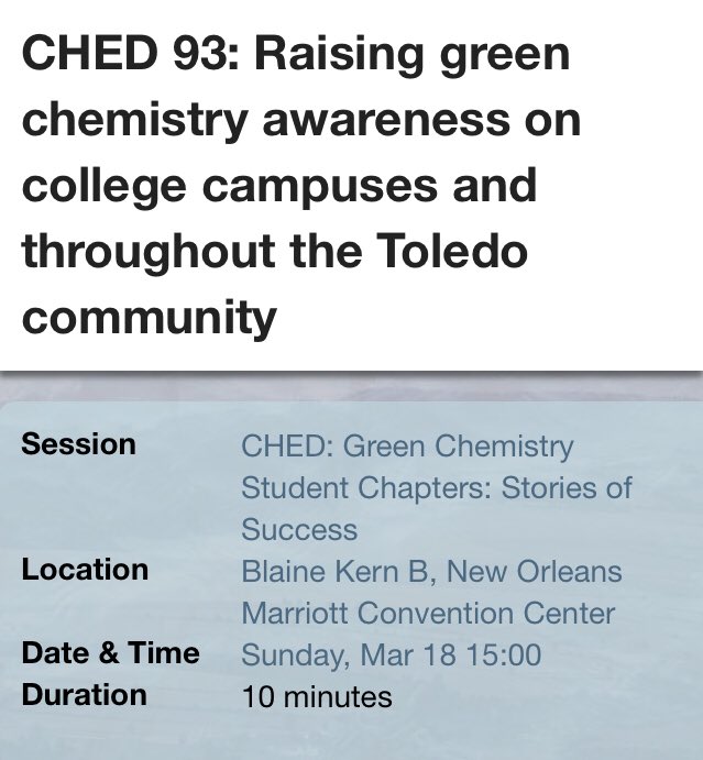 UT-StACS is presenting on fermentation in a bag and how it applies to Green Chemistry and renewable biofuels. If you’re interested in learning how to apply Green Chemistry Principles to your chapter, the UT chapter is presenting on Green Chem educational outreach at 3pm #ACSNOLA