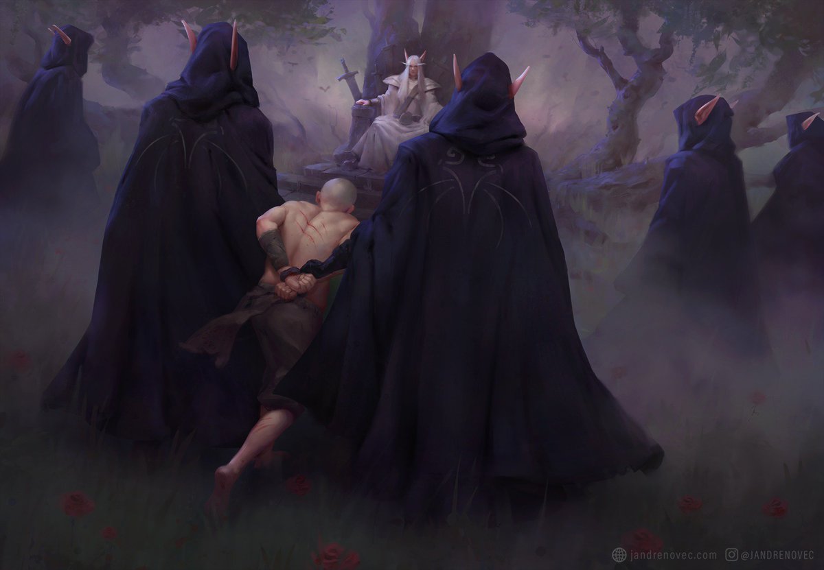 Cleansing

Clan of Shadow elves found a mere human who was wandering in their sacred forest and brought it to their leader.

Higher quality and process: artstation.com/artwork/kvEnK

#Elf #Elves #Shadow #Execution #Fantasy #Illustration #Digital #Throne