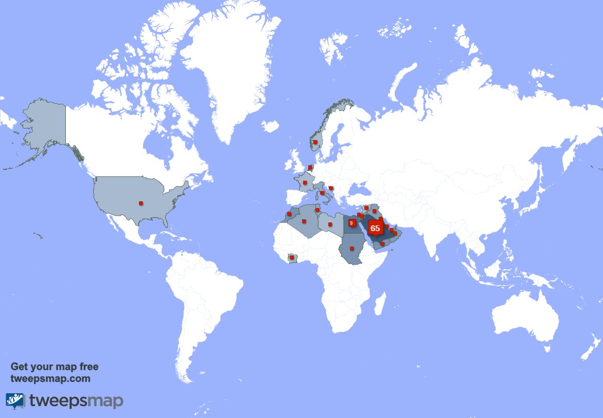 حسب tweepsmap.com/!dar_al_hikma حوالي64% من متابعيني يعيشون في السعوديه ومصر(9%),الكويت(5%)