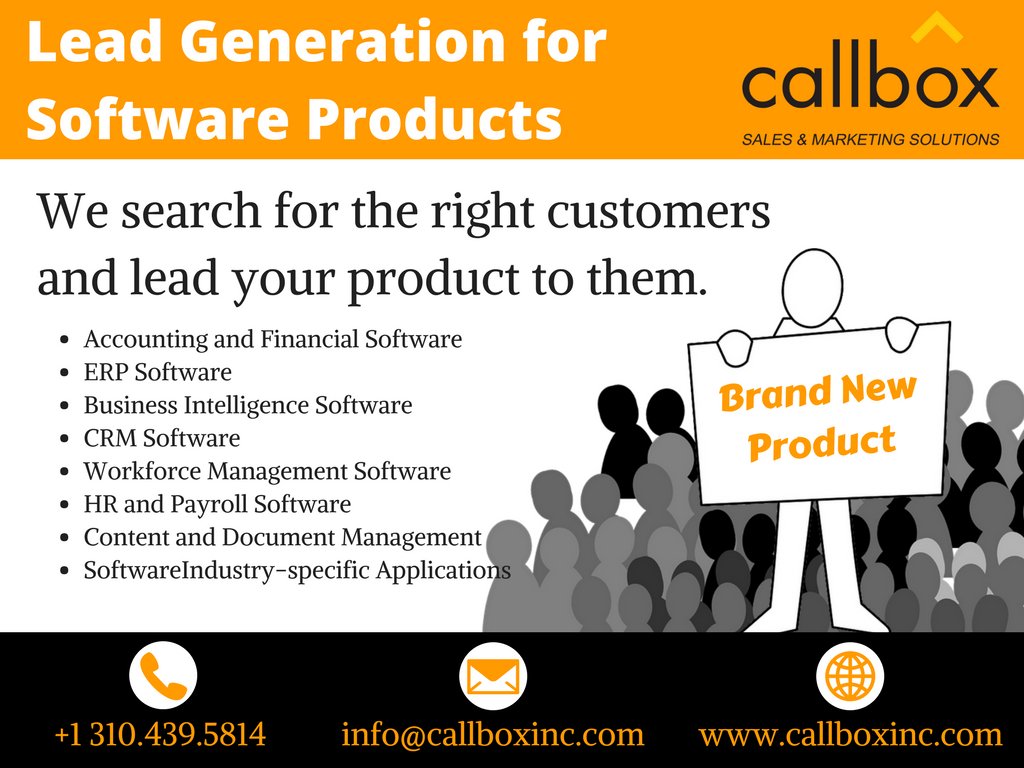 Marissa_911's tweet image. We help IT, software, SaaS and tech companies build a brand presence and attract the right leads--convert them into buyers. Call us! +1 310.439.5814 or email sales@callboxinc.com
&amp;gt;&amp;gt; bit.ly/2FJw2hv #softwaresalesleads #qualifiedsoftwareleads