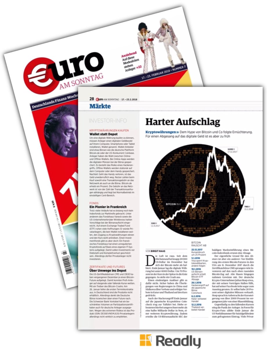 Euro am Sonntag, Ausgabe 7/18
„Bitcoin oder Ethereum lassen sich unattraktiv machen, aber nicht abschalten.“, sagt Philipp Sandner, Leiter Blockchain Center an Frankfurt School of Finance, „...viele professionelle Investoren werden dieses Jahr noch einsteigen.“
