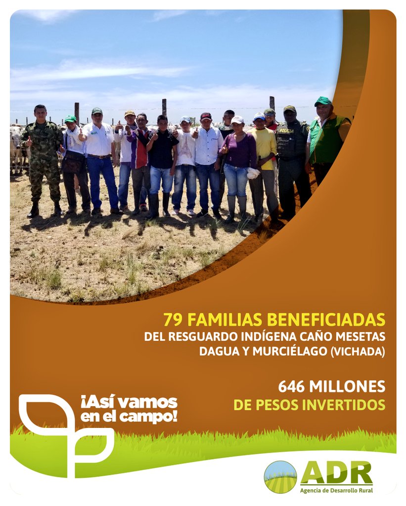 ADR_Colombia's tweet photo. ¡Así vamos en el campo! ☉👦👵Llegamos al departamento de Vichada para entregar a familias indígenas de Puerto Carreño, recursos para sus sacar adelante proyectos rurales. Tierras productivas con campesinos que están #CosechandoProgreso 👍 https://t.co/D60kXp1fTS
