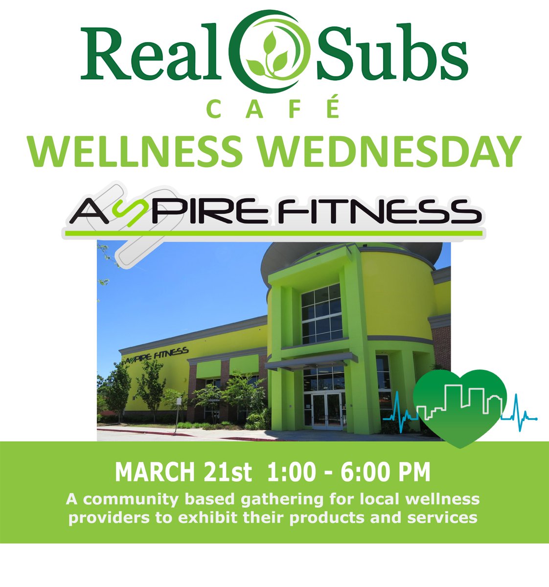 RealSubsCafe's tweet image. We are excited to host @AspireFitnessAustell at our #RealWellnessWednesday event this week, March 21st, from 1:00 - 6:00 PM!