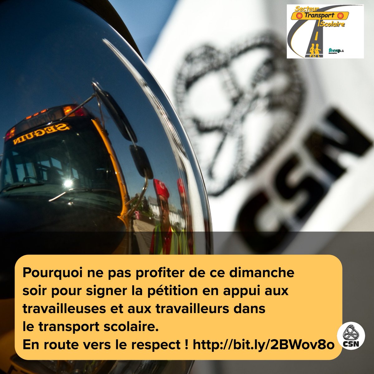 Nous avons besoin de votre solidarité ! bit.ly/2BWov8o #enrouteverslerespect #polqc #AssNat #syndqc #syndicat #transportscolaire #viréejaune