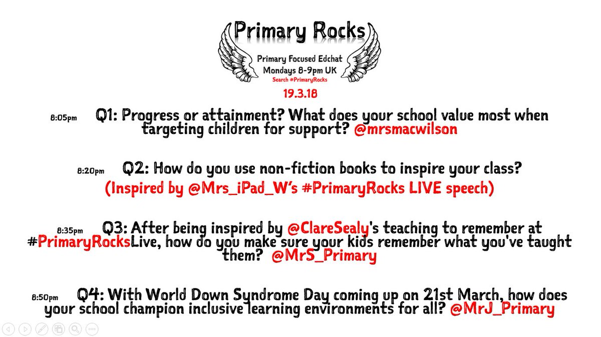 #PrimaryRocks questions for Monday night come from <a href="/mrsmacwilson/">Meagan Wilson</a> <a href="/MrS_Primary/">Brett Summersby</a> and <a href="/MrJ_Primary/">Mr Johnson</a>