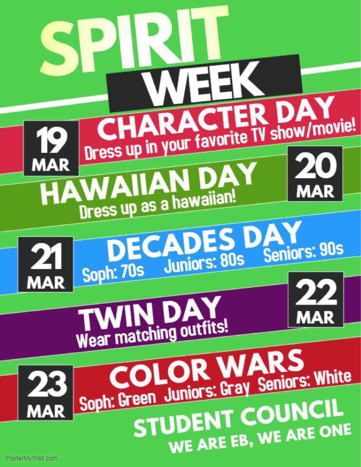 SPIRIT WEEK STARTS TOMORROW!! Dress up as your favorite character💚🐻
