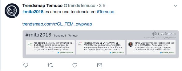 ealvo's tweet photo. Lo logramos!!! seguimos sumando más tendencia hablando del Tercer Maratón Internacional Temuco Araucanía usando #mita2018 Gracias #Temuco gracias #Chile @CDeportivaTco @kantor_pauline 😀 https://t.co/iOJw791XFo