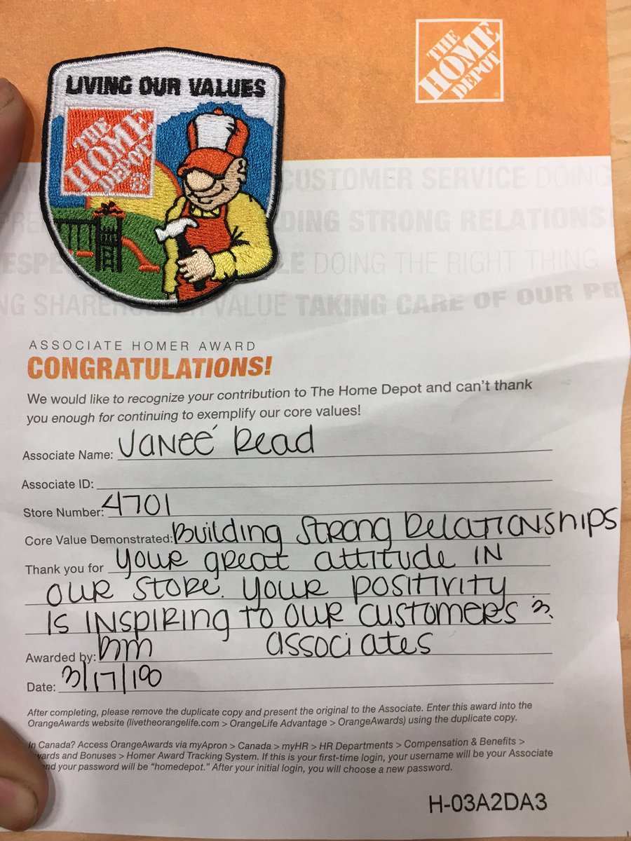 JaneeReadTHD's tweet photo. I received my 2nd #HomerAward this morning!! I’ve been with #TheHomeDepot for almost 4 months and I’m so grateful!! Thank you @brimadison52 &amp; @Chuck_Carolus for honoring me!! #SuccessSharing #THD4701 https://t.co/Kyc5oHoWbR