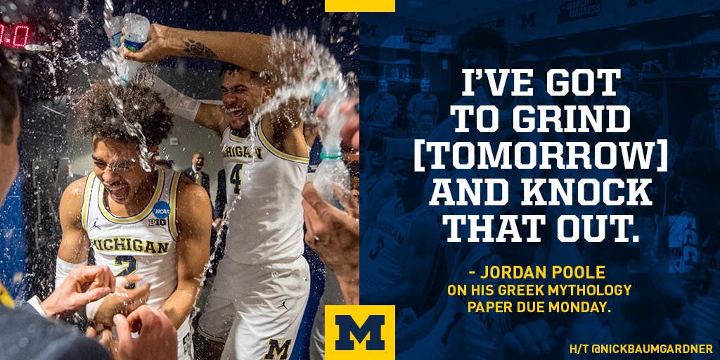 UMichAthletics's tweet photo. Saturday: Hit the shot. 

Sunday: Hit the books. 

All in a weekend for @JordanPoole_2 and @umichbball. 

#GoBlue | #MarchMadness https://t.co/qGk4EsqeQe
