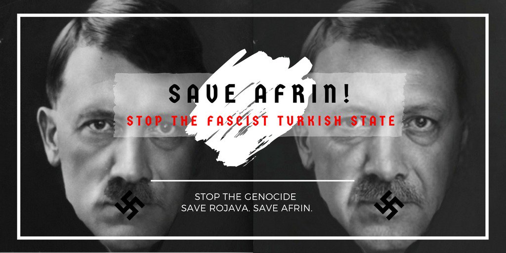KurdsCampaign's tweet photo. President Erdogan is a fascist. His air cover has attacked innocent Kurds in Afrin and allowed jihadists, ISIS, al-Qaeda to extend into Afrin and carry out massacres against the Kurdish civilians. The world needs to face up to this #BreakSilenceOnAfrin https://t.co/0Os3SpJQe3