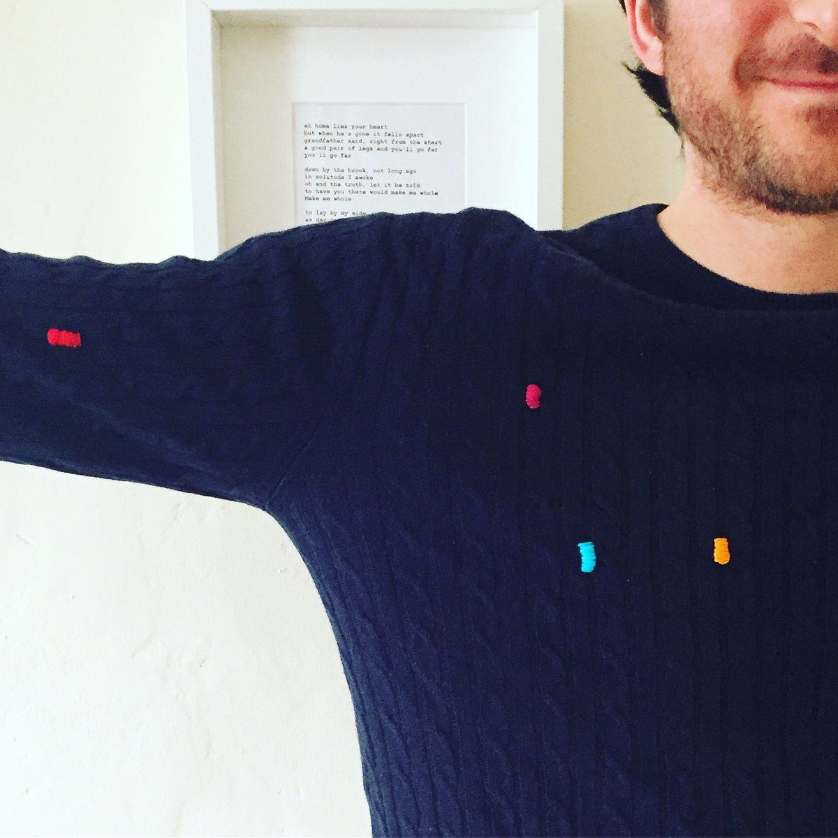 By_Chand_'s tweet photo. Old Greg came to hang out with us for the weekend. He arrived with holes in his jumper, he left looking a lot trendier! #makeoldgregtrendyagain #oldgreg #upcycle #upcycledclothing #fashion #recycledfashion #givemecolour #embroidery #embroideredjumper #saveyourclothes #recycle https://t.co/EmbD64PETP