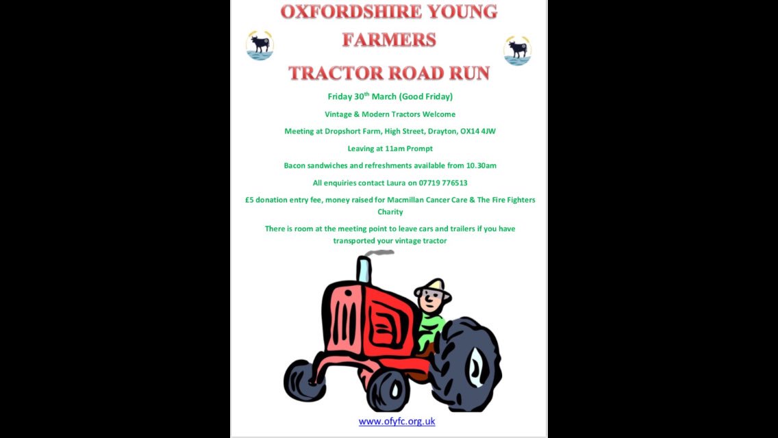 Come along and join <a href="/OFYFC/">OxfordYoungFarmers</a> for the charity road run, all money raised for <a href="/macmillancancer/">Macmillan Cancer Support</a> and <a href="/firefighters999/">Fire Fighters Charity</a>! 🚜🚒 #farm365 #yfcdoitbest #charity #morethantractors