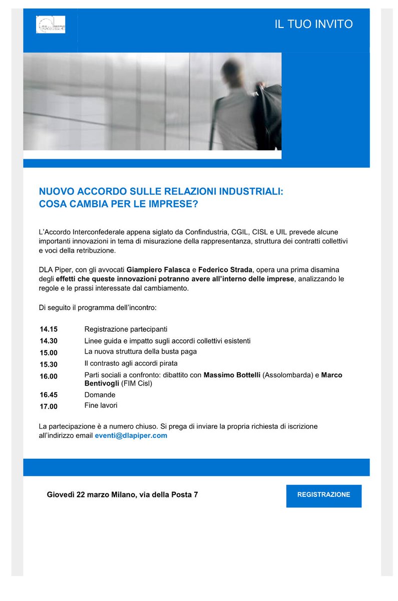 “Patto della fabbrica: cosa cambia per le aziende?” Ne parliamo il 22.03.18 a Milano con <a href="/BentivogliMarco/">Marco Bentivogli</a> (Fim Cisl) e Massimo Bottelli (Assolombarda). Ultimi giorni per iscriversi