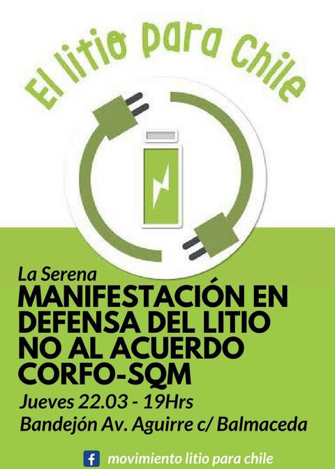litioparachile's tweet photo. 🔴✊✊LA SERENA MARCHA EN DEFENSA DEL LITIO ✊✊🔴Mov Litio para Chile La Serena convoca a manifestarse contra acuerdo #Corfo #Soquimich el 22 de marzo en bandejon Av. Aguirre con Balmaceda, 19:00 hrs.
#LitioParaChile #NoALaCorrupcion 
¡El litio para Chile y no para Soquimich! https://t.co/2CYu90n8l6