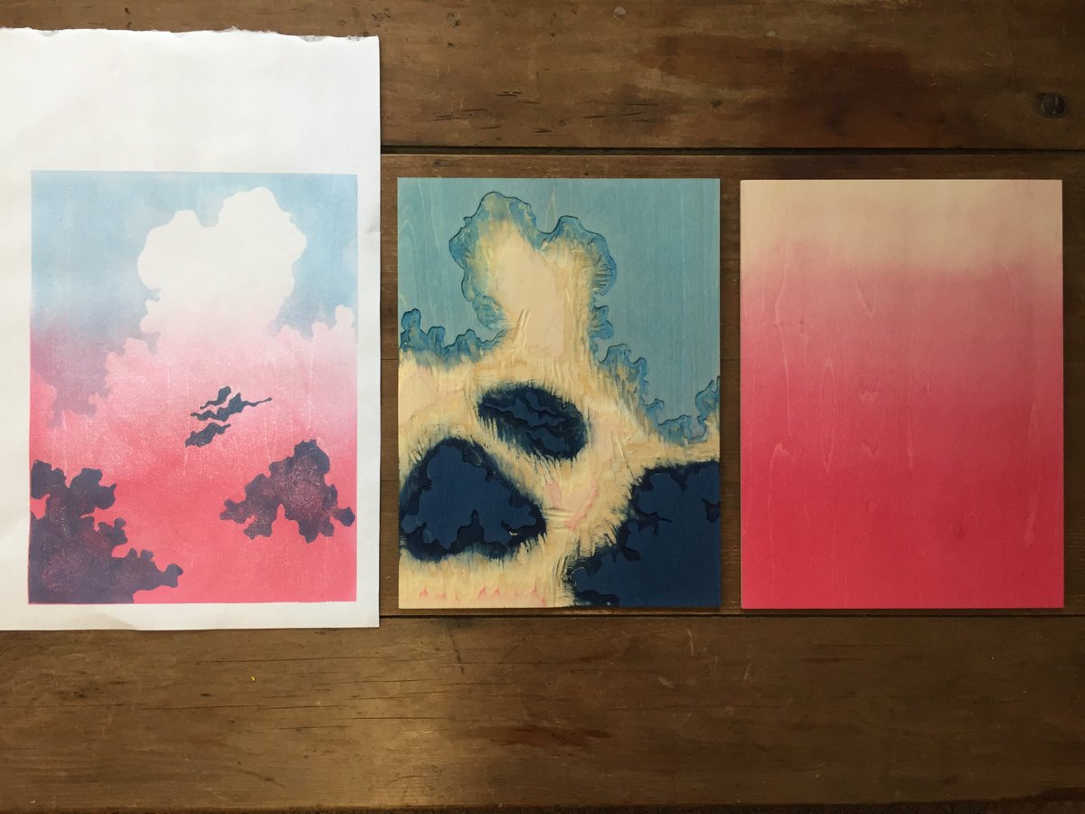 Tillyprint's tweet photo. Testing out colours for this cloudy print ☁️☁️☁️ #handmadehour #printmaking #Japanese #woodblockprint https://t.co/GRD2kDFJ3C