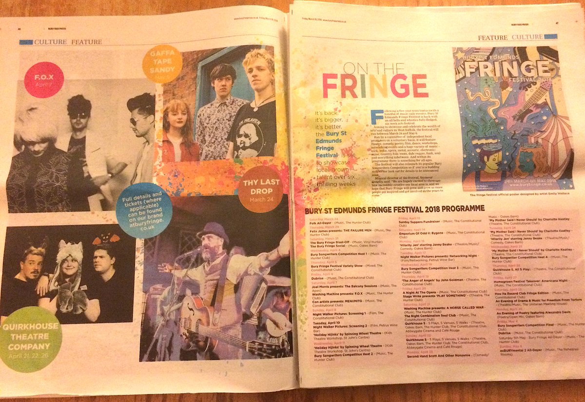 Huge thanks to <a href="/debbierodman/">debbie rodman 💙</a> at the <a href="/buryfree/">Bury Free Press</a> for her amazing double-page cover feature in this week's Culture section!  With pics of <a href="/gaffatapesandy/">Gaffa Tape Sandy</a> @QuirkHouseTheat <a href="/thylastdrop/">thylastdropuk</a> and <a href="/FOXtheband1/">F.O.X</a> 

See our full listings at buryfringe.co.uk!