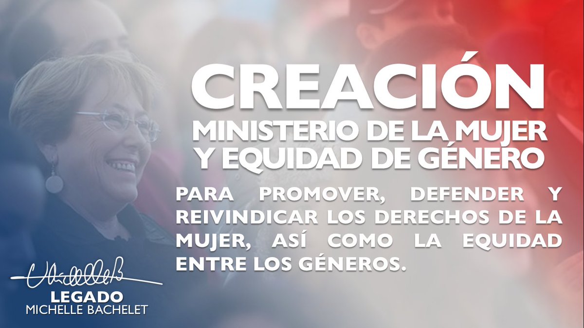 LegadoBachelet's tweet photo. ¡Defendamos el Legado!
La creación del @MinMujeryEG es la clara señal del compromiso que tuvo el Gobierno de @mbachelet con la defensa y reivindicación de los Derechos de las Mujeres. https://t.co/w53Gdec4i6