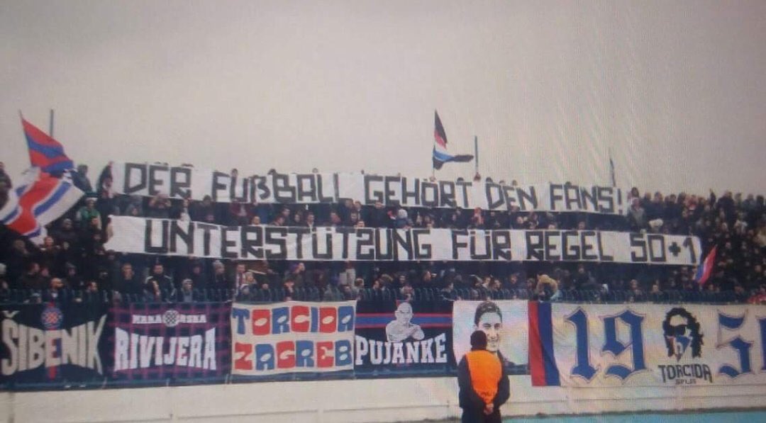 Fans of Croatian club Hajduk Split giving their support for the German fans and the 50+1 rule.