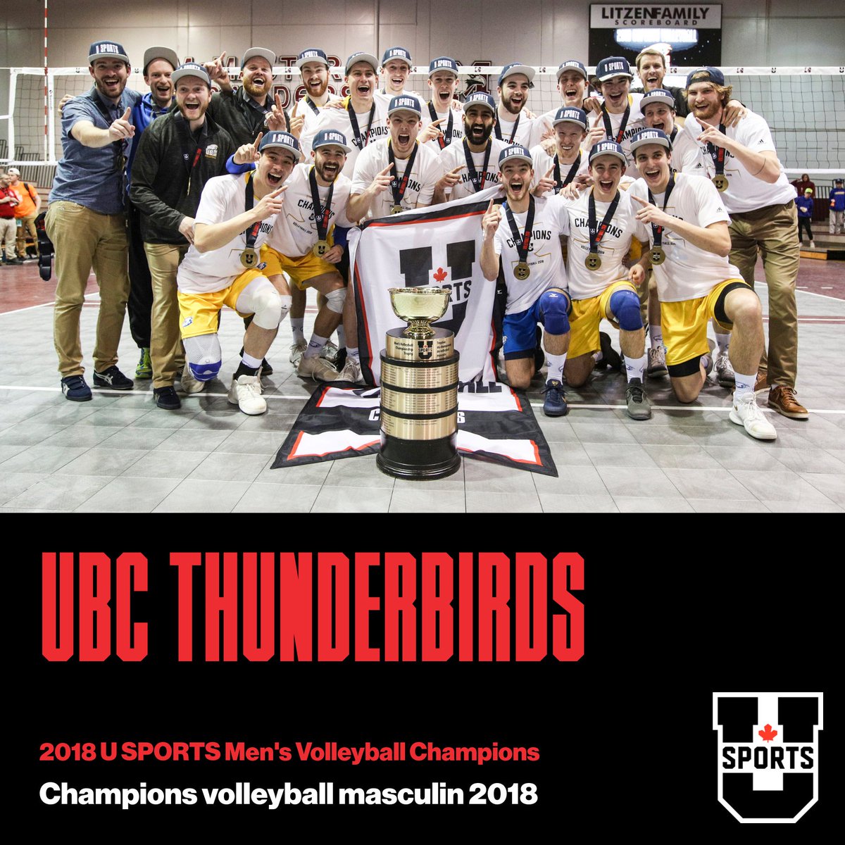 USPORTS_VBall's tweet image. Your 2018 @usportsca Men&apos;s Volleyball champions:

@ubctbirds 🏆

#BackToMac #ChampSZN