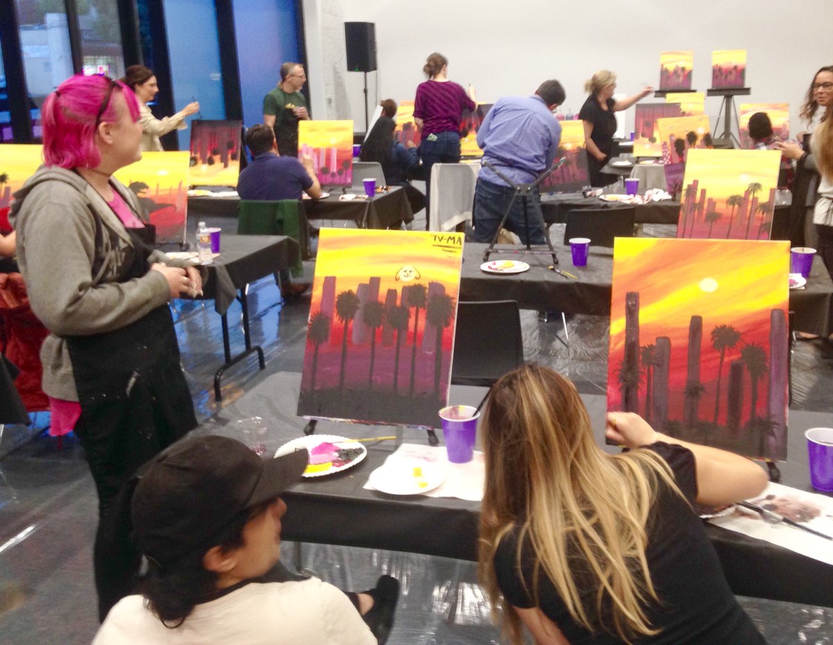 KristineMGArt's tweet photo. More photos from #CartoonNetwork #makeyoumatter #paintnsip The mural in this room was amazing! Surrounded by #art #creativity #wine #stressrelief #laughter #bonding #corporateteambuildung #funatwork https://t.co/NqrskSIOKw https://t.co/RWywsPvgRb