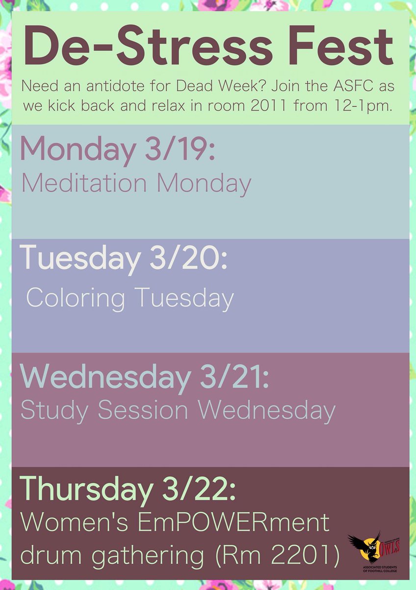 ASFCtweet's tweet photo. To kickoff dead week tomorrow ASFC will be hosting a Meditation Monday! Stop on by from 12-1PM in room 2011 and relax!! #FoothillFresh 🦉🍃 https://t.co/5GFvnbHjEp
