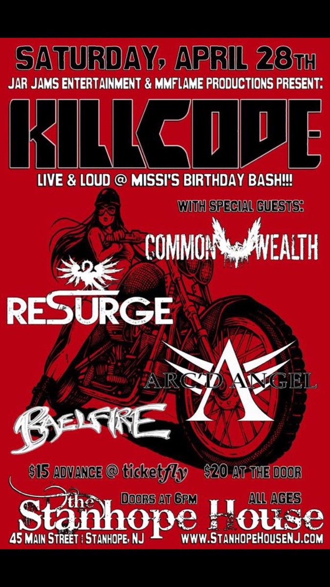 RoyBrunston's tweet photo. Saturday April 28th @stanhopehouse with @_KILLCODE_ @commonwealthnj @BaelfireBand and @ArcdAngel https://t.co/zwenik0LVx
