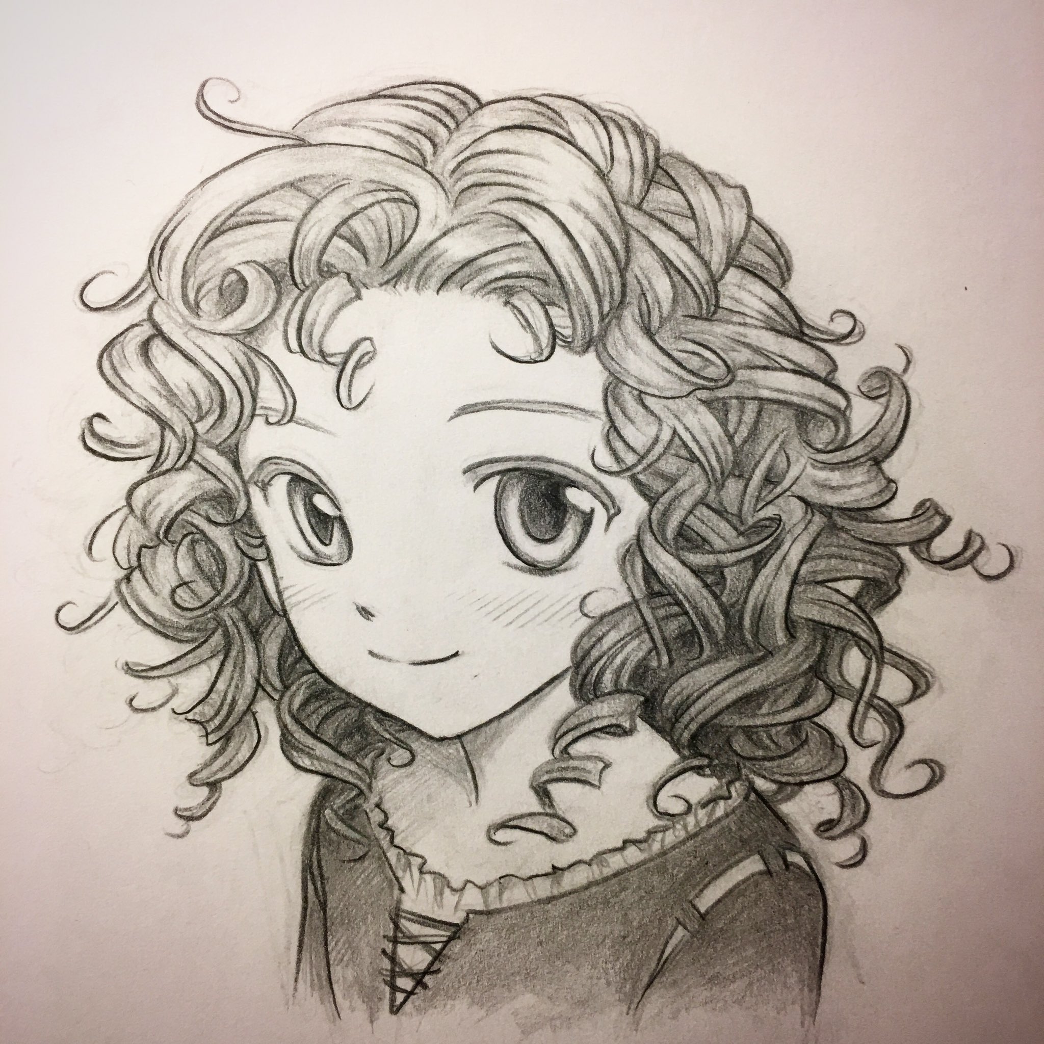 pencil sketch of an anime girl with a curly hair
