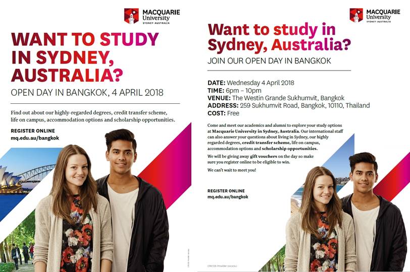 ChulaOIA's tweet photo. Macquarie University Open Day !!!

Register Online >>> https://t.co/2IUBRLcU1S

Wednesday 04 April 2018
6:30pm – 10:00pm

Altitude, 25th Floor
Westin Grande Sukhumvit Hotel
259 Sukhumvit Road, Bangkok https://t.co/iY7SRH7YuS