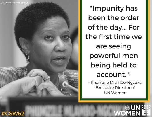 UN_Women's tweet photo. "Powerful men have been getting away with their actions against women, without having to be accountable." - @phumzileunwomen 

Their #TimesUp.

The #TimeIsNow for a world where women can live free from fear.

ℹ️ https://t.co/ll9SxlI10d #CSW62 #MeToo https://t.co/P491w0nQss