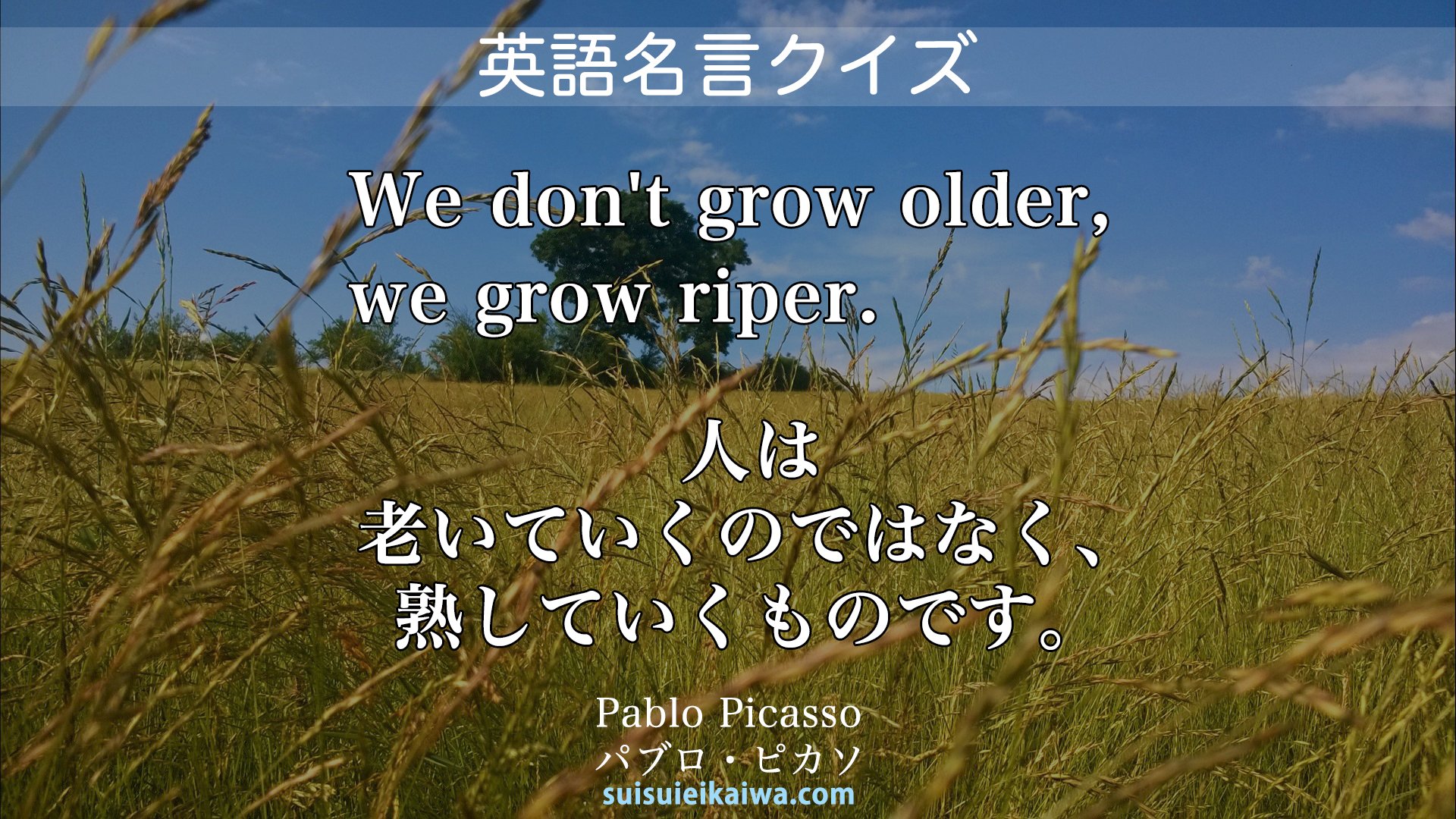スイスイ英会話 忘れてた 英語名言クイズ の答え We Don T Grow Older We Grow Riper 人は老いていくのではなく 熟していくものです Pablo Picasso パブロ ピカソ 画家 ピカソ 名言 英語 英会話 英語の勉強 英語勉強 英語名言 クイズ 英語