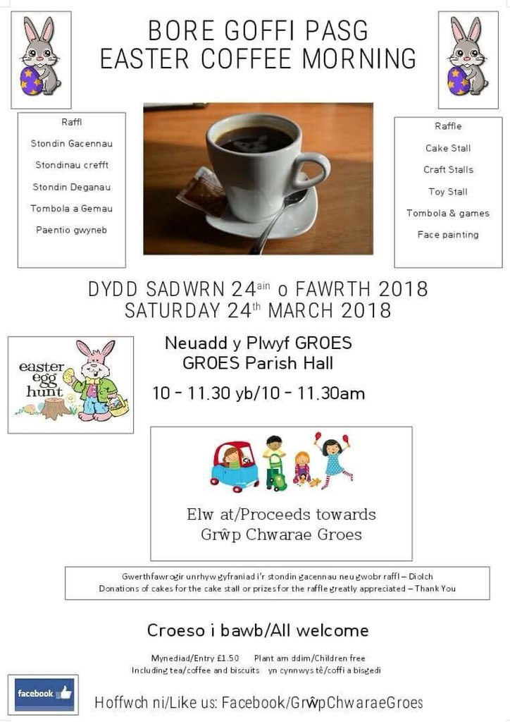 Groes_Bylchau's tweet image. #Coffi #Cacennau #Cakes Peintio wynebau🐯facepainting, stondinau 🍰stalls a #MagiAnn Bore Sadwrn ☕️Saturday morning 24/3/18 #Groes ger #Dinbych #Denbigh er budd Grŵp Chwarae Groes Dewch yn llu 🐣a cracking welcome for all